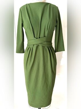 Form fitting Vintage Inspired Olive Midi Dress with Wrap Waist